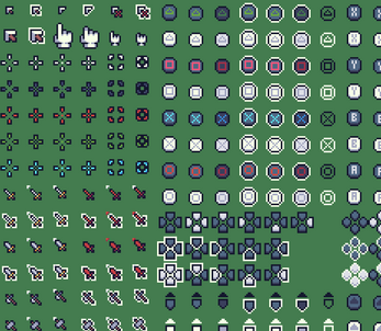 Grid of various pixel art cursor and pointer icons on a green background, including arrows, hands, and crosshairs.