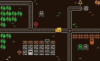 Pixel art map with roads, a yellow vehicle, trees, buildings, railroad tracks, and various icons.