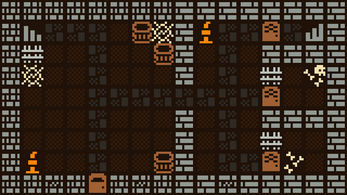 Pixel art dungeon room with barrels, doors, spikes, skeletons, and stone walls in a top-down view.