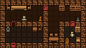 Pixel art dungeon scene with characters, doors, tables, shelves, and various objects on a brown tiled floor.