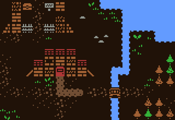 Pixel art game scene with a brown building, dirt path, small bridge over a river, and trees on a dark landscape.