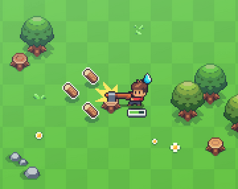Pixel art character chopping a tree, logs and progress bar appear, surrounded by trees and grass