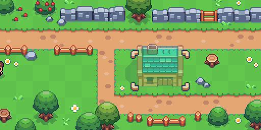 Pixel art game scene with a green-roofed house, dirt paths, trees, rocks, and a stone wall at the top.