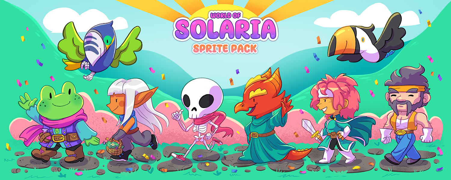 World of Solaria Sprite Pack Cartoon fantasy characters and animals walking in a colorful landscape with confetti and mountains, text above reads 'World of Solaria Sprite Pack'.