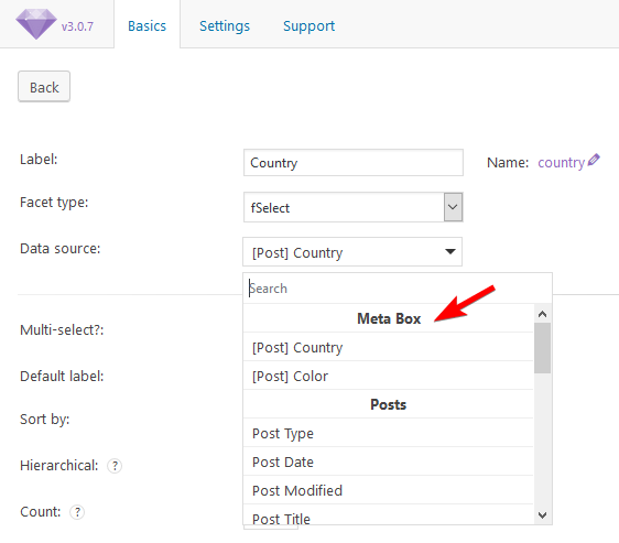 Meta Box custom fields in the FacetWP settings