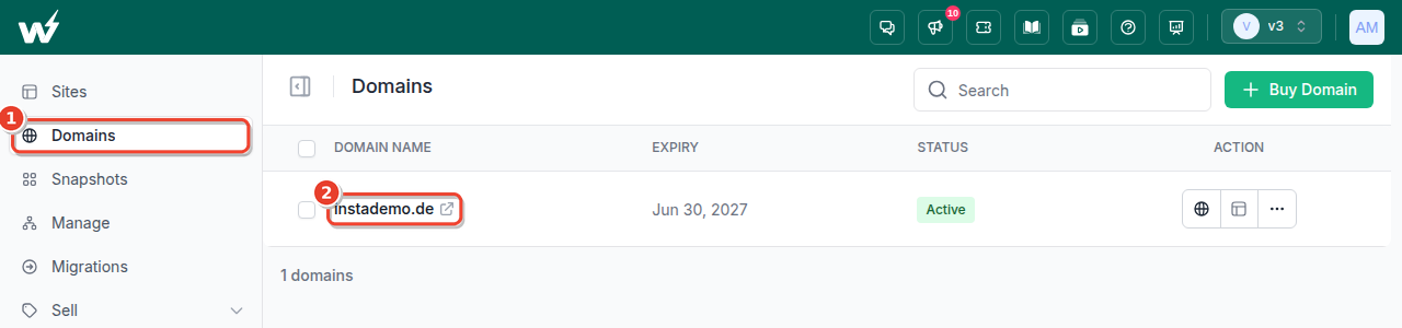 Domains list in the InstaWP dashboard