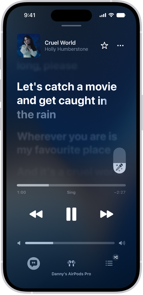 La pantalla Ahora suena con el regulador de A cantar de Apple&nbsp;Music a la derecha de las letras. La letra que se reproduce actualmente se encuentra resaltada.