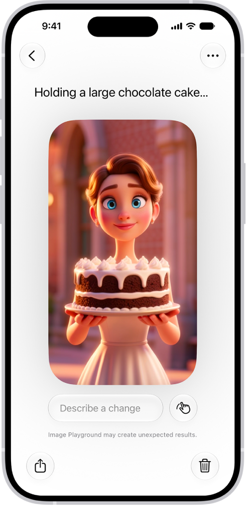 Une fenêtre de l’app Image&nbsp;Playground affichant une image créée d’une femme tenant un gâteau.