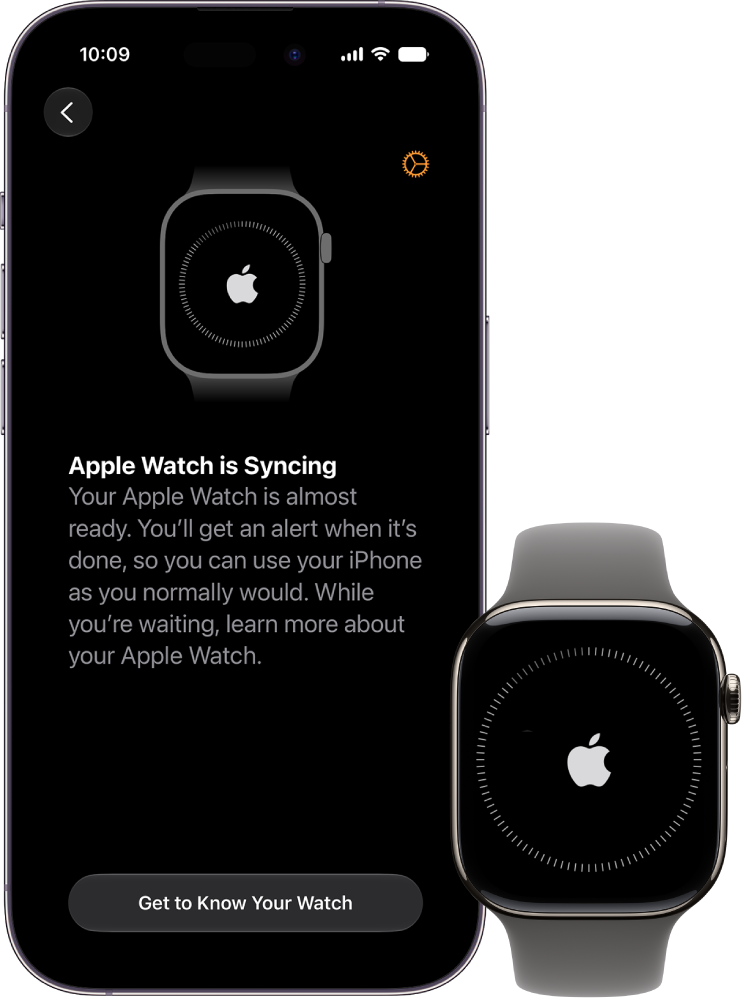 iPhone i&nbsp;Apple&nbsp;Watch wyświetlające ekrany synchronizacji.