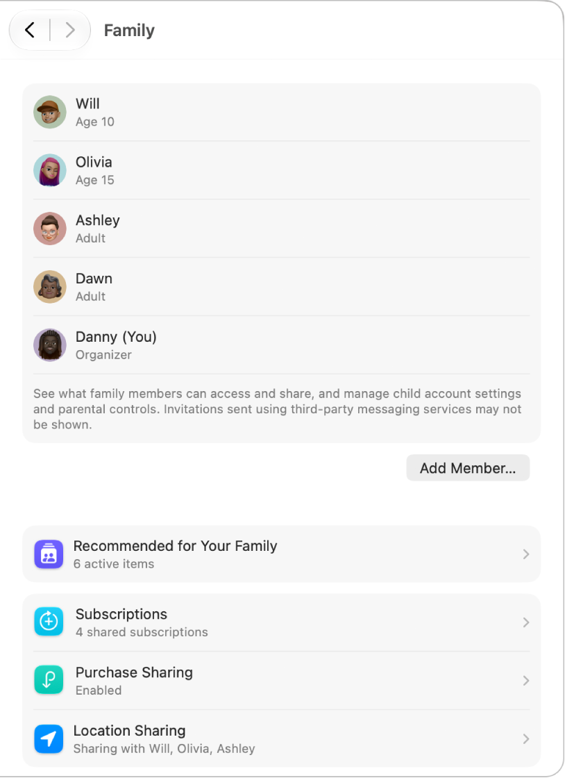 Gezinsinstellingen met een lijst met gezinsleden voor een bestaande account en verschillende type accountopties die je kunt gebruiken met 'Delen met gezin'.