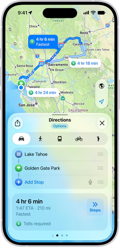 Un iPhone affichant un plan avec plusieurs options d’itinéraires en voiture vers la même destination. Chaque itinéraire affiche le temps de trajet estimé et la distance à parcourir, ainsi qu’un bouton Aller permettant de démarrer l’itinéraire guidé. Un code couleur reflétant les conditions de circulation est également appliqué à chaque itinéraire.