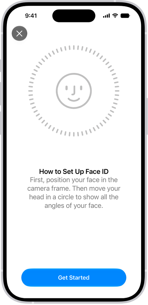 „Face&nbsp;ID“ atpažinimo sąrankos ekranas. Ekrane rodomas apskritime esantis veidas. Žemiau pateiktas tekstas nurodo naudotojui lėtai apsukti galvą pagal apskritimą.