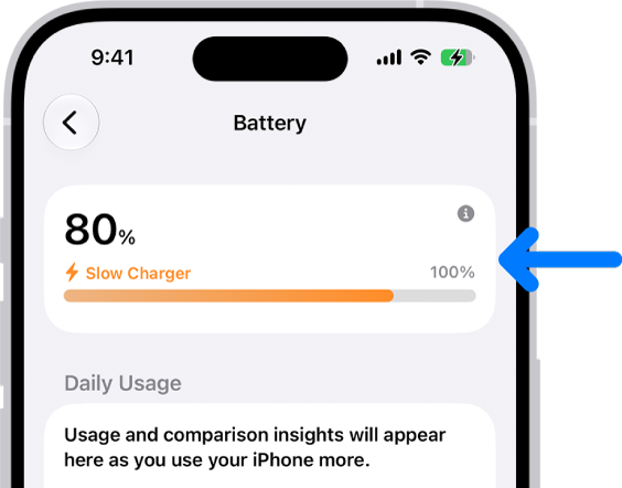 iPhoneの「バッテリー」設定内の充電情報カード。カードは、バッテリーは80%充電で、「低速充電」に接続されていることを示しています。進行状況バーでは、100%に到達するまで52分かかると推定されています。