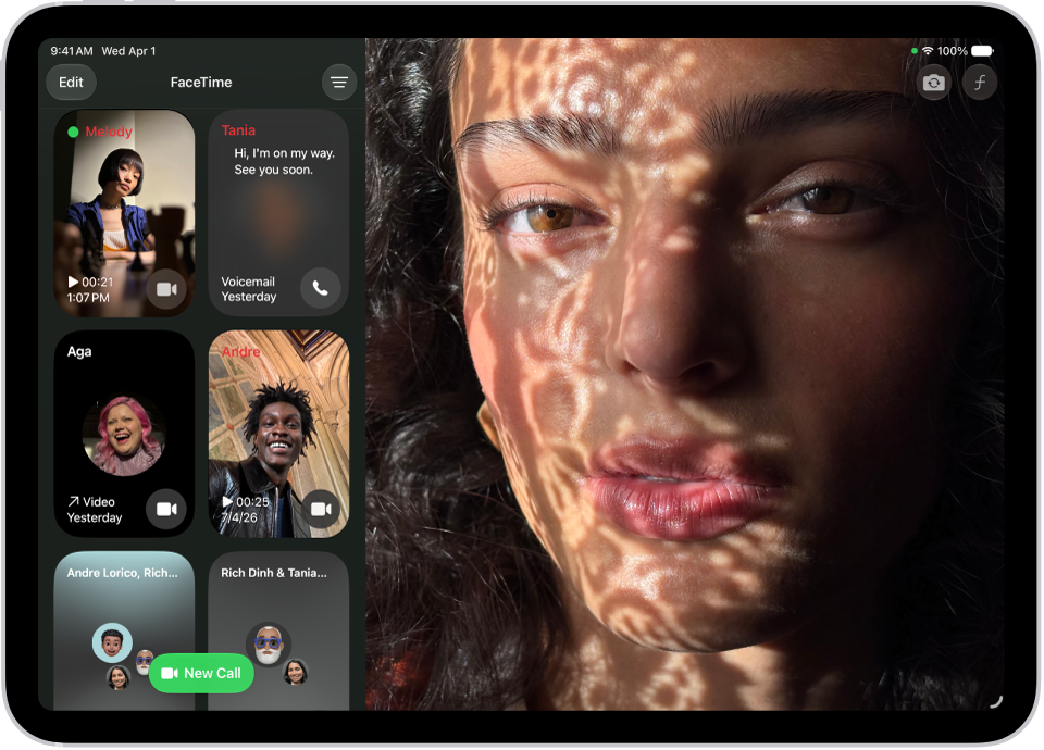 L’historique d’appels FaceTime, avec un appel FaceTime en groupe, un appel audio, un message vidéo, un message audio et un lien vers un appel FaceTime.