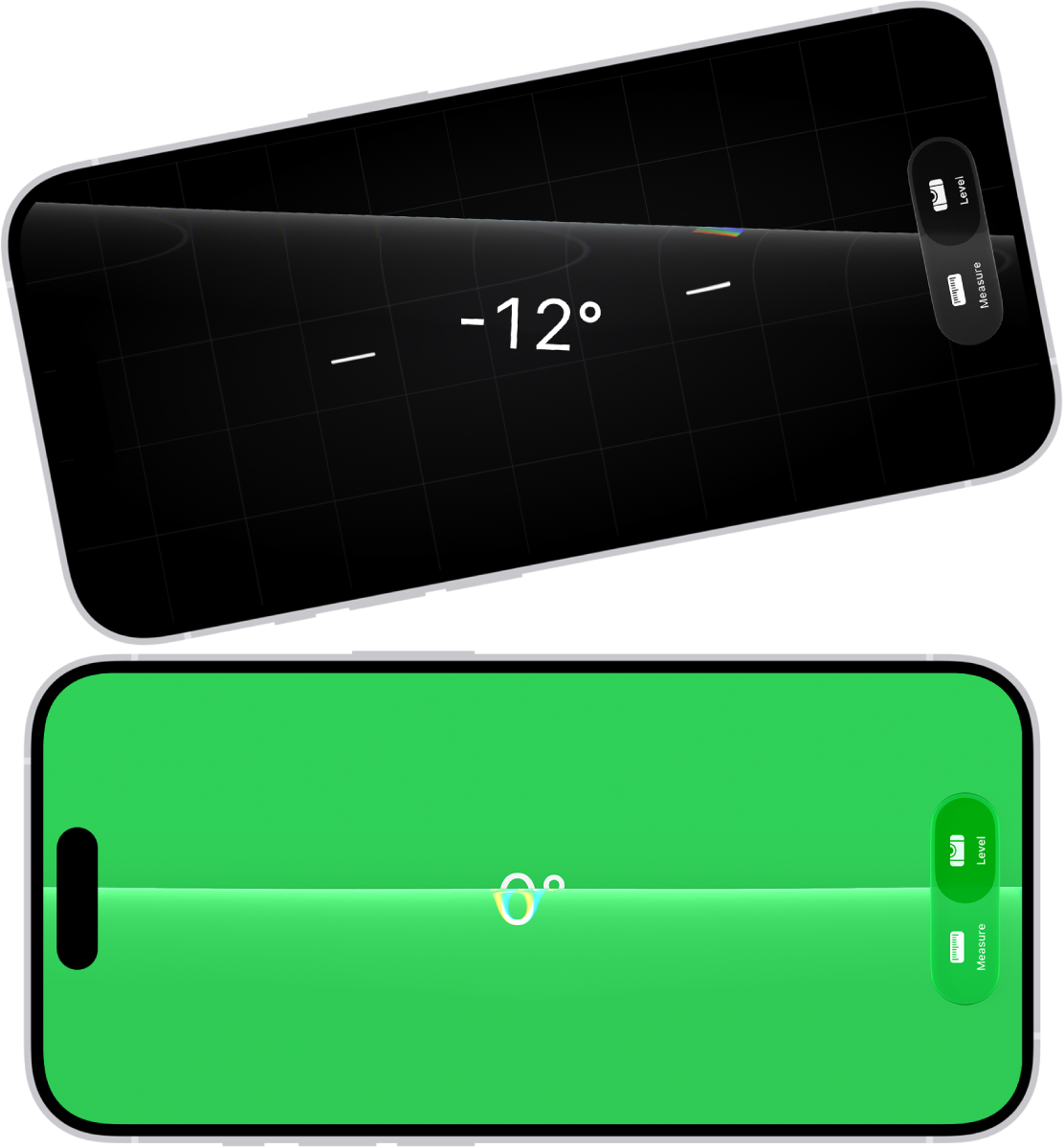 La pantalla de nivelación de la app Medición. En la parte superior, el iPhone está inclinado a un ángulo de 10 grados; en la parte inferior, el iPhone está nivelado.