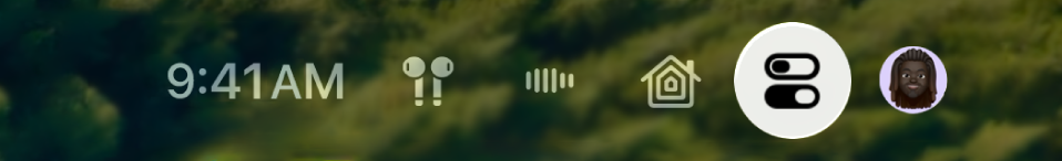 The top-right part of Control Center on Apple TV 4K. AirPods appear to the right of the time.