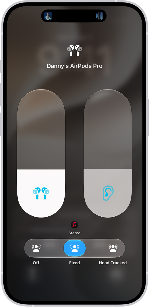 The volume screen in Control Center showing the volume level for AirPods&nbsp;Pro. Below the volume indicator, the Spatial Audio options are showing. The options are Off, Fixed, and Head Tracked.