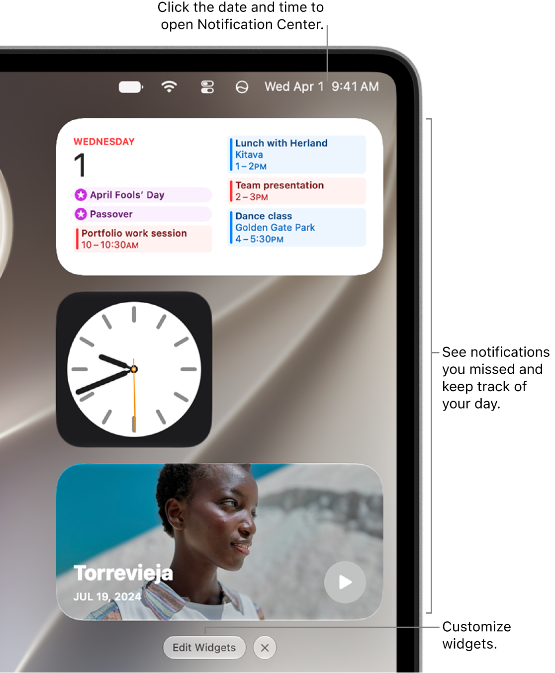 Notifications and widgets in Notification Center.