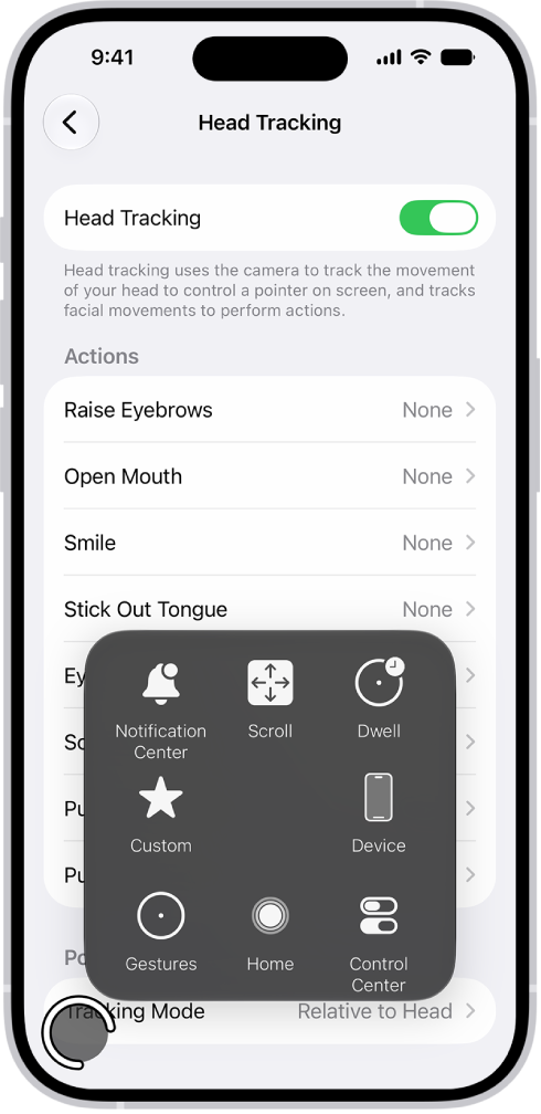 Ein iPhone mit aktivierter Kopferfassung. Das Menü für AssistiveTouch ist sichtbar und zeigt die Steuerelemente „Mitteilungszentrale“, „Scrollen“, „Verweilen“, „Gerät“, „Kontrollzentrum“, „Home“, „Gesten“ und „Eigene“.