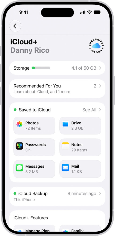 Écran des réglages iCloud montrant l’indicateur d’espace de stockage d’iCloud et une liste de fonctionnalités pouvant être utilisées avec iCloud, notamment Photos, iCloud&nbsp;Drive et Sauvegarde iCloud.
