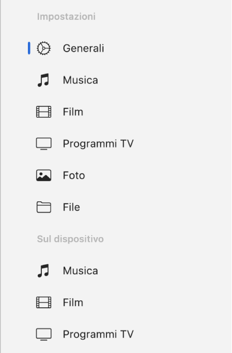L’opzione Generali è selezionata nella barra laterale.