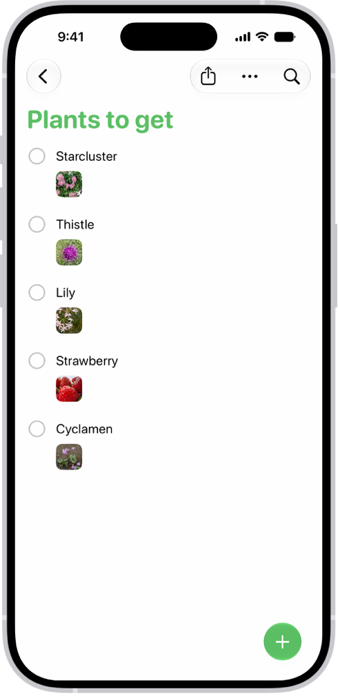 L’app Rappels affichant une liste avec des photos dans chaque rappel.