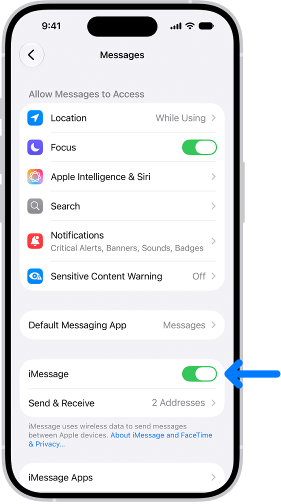 Meldinger-innstillingene viser at iMessage er slått på.