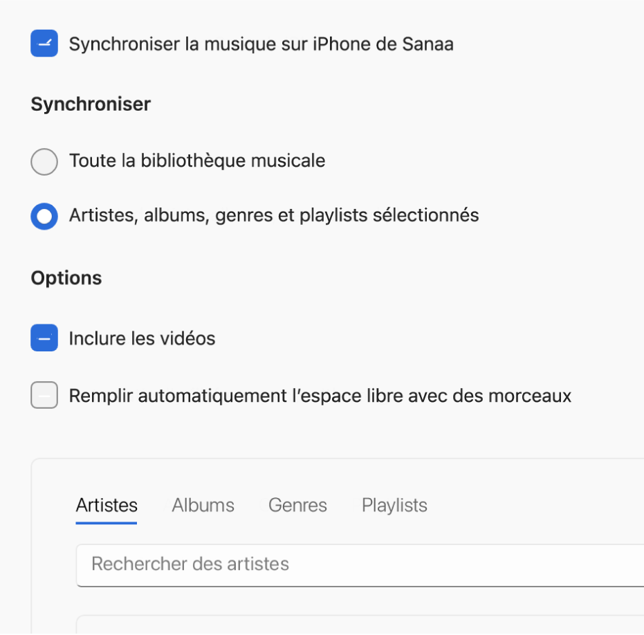 La fenêtre «&nbsp;Appareils Apple&nbsp;» montrant lʼoption permettant de synchroniser des morceaux.
