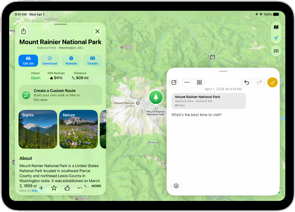 Une note rapide dans une fenêtre superposée à un plan du parc national du mont Rainier. La note contient un lien renvoyant au plan, une photo et du texte.