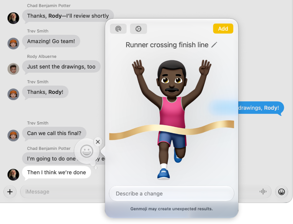 Creating a Genmoji as a tapback in the Messages app. The created Genmoji is a runner crossing a finish line.