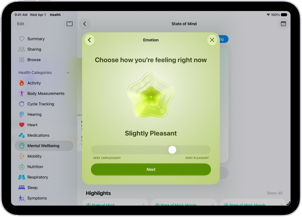 Una schermata nell’app Salute che identifica l’umore attuale come “Leggermente piacevole”. Nella parte inferiore dello schermo è presente un cursore per regolare il livello dell’emozione.