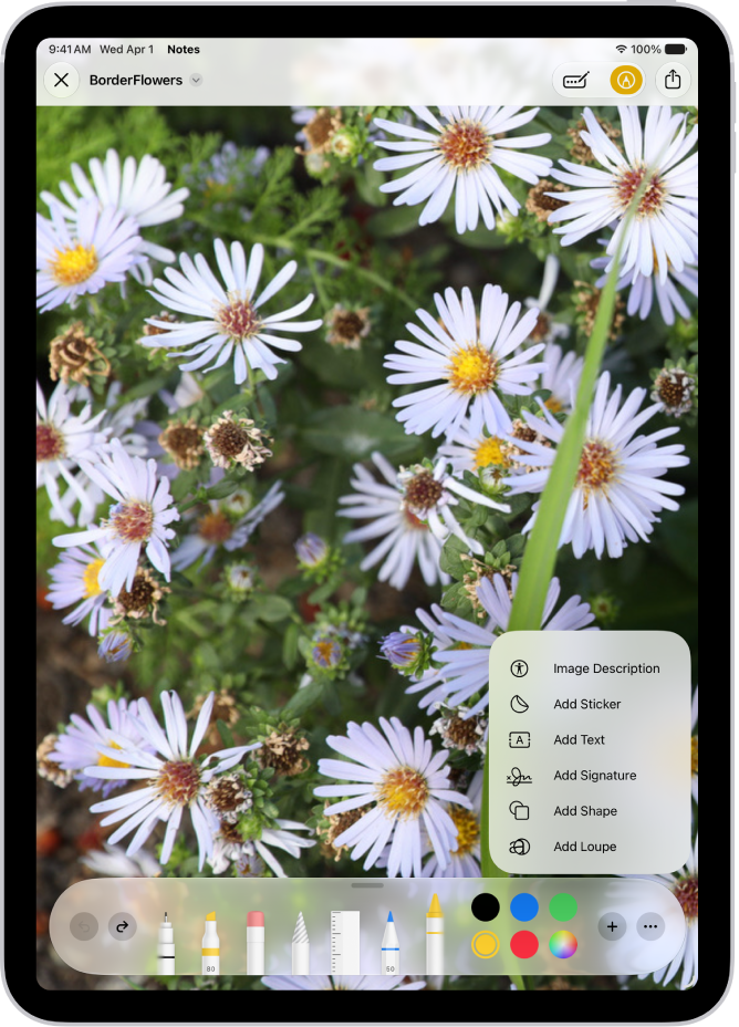 La barre d’outils d’annotation est ouverte au bas d’une note dans l’app Notes et le bouton Ajouter qui se trouve dans le coin inférieur droit de l’écran est sélectionné. Les options suivantes sont disponibles dans le menu Ajouter&nbsp;: Ajouter un autocollant, Ajouter du texte, Signature et Ajouter une figure.