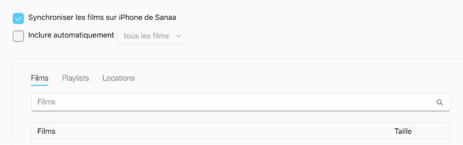 La case «&nbsp;Synchroniser les films sur [l’appareil]&nbsp;» est cochée. En dessous se trouve la case cochée «&nbsp;Inclure automatiquement&nbsp;», et l’option «&nbsp;Tous les&nbsp;» est sélectionnée dans le menu local.
