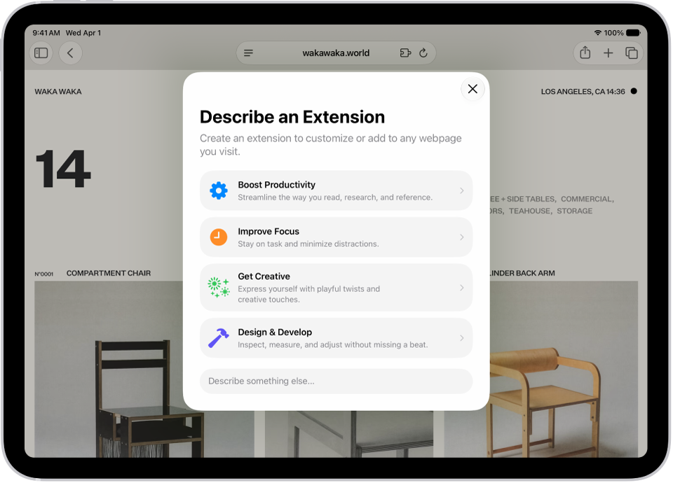 Fenêtre Safari affichant les options «&nbsp;Décrire une extension&nbsp;».