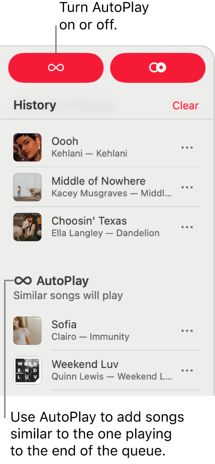 History is visible at the top-right corner of Apple Music. The AutoPlay section is also shown.