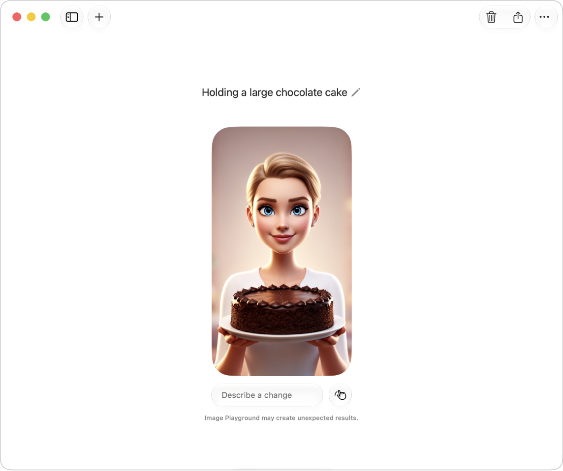 Das Fenster der App „Image&nbsp;Playground“ zeigt ein erstelltes Bild einer Person, die einen Schokoladenkuchen hält.