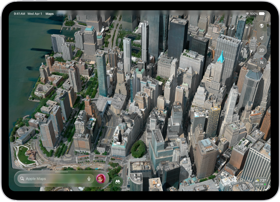 Mapa 3D en la app Mapas, con detalles de una ciudad.