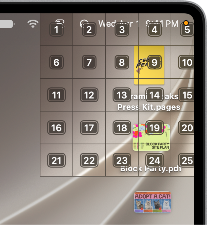 A grid is shown in the top-right corner of the screen, where Numbers and Keynote documents are located. Each cell in the grid is labeled with a number.