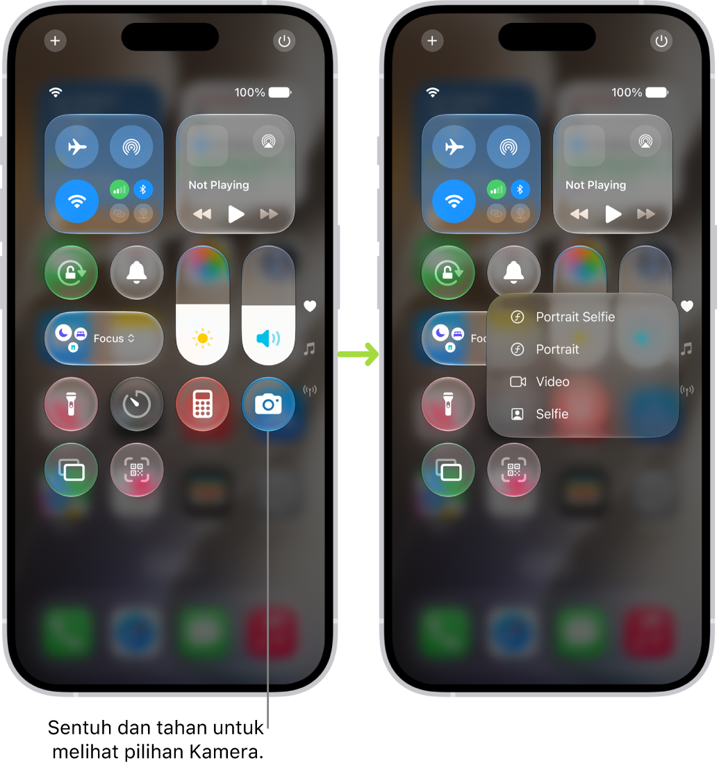 Dua layar Pusat Kontrol bersebelahan—layar di sebelah kiri menampilkan kontrol untuk Mode Pesawat, data seluler, Wi-Fi, dan Bluetooth di grup kiri atas. Ikon Kamera ditampilkan di kanan bawah. Layar di sebelah kanan menampilkan pilihan lainnya di menu Tindakan Cepat untuk Kamera: Selfie, Video, Potret, dan Selfie Potret.
