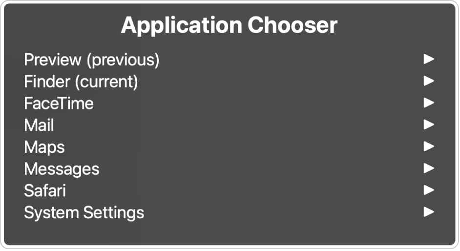 The Application Chooser listing open applications, including Preview and Finder. To the right of each item in the list is an arrow.