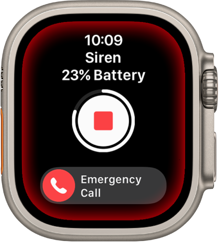 Siren counting down. Near the top is the battery charge, in the middle is a Play button, and at the bottom is the Emergency Call slider.
