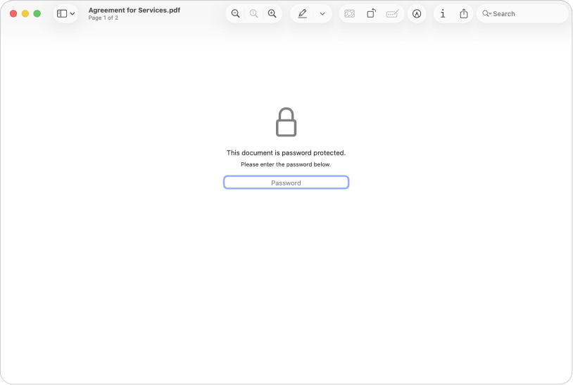 Um ficheiro PDF protegido por palavra‑passe mostra um ícone de cadeado e um campo de texto para introduzir a palavra‑passe para abrir o ficheiro.