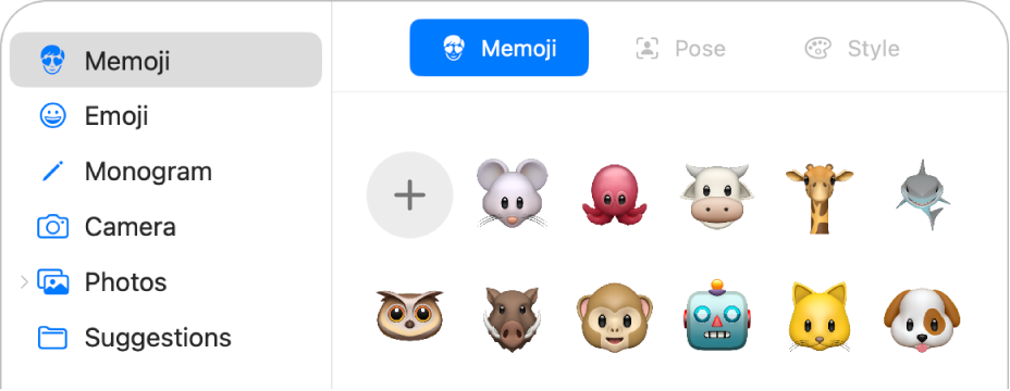 Options relatives à l’image du compte&nbsp;Apple avec Memoji sélectionné dans la barre latérale et plusieurs Memoji affichés.