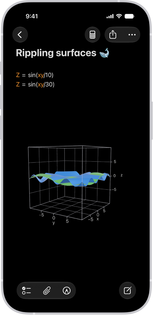 Notes mathématiques dans Calculatrice sur l’iPhone affichant deux équations à trois variables et leurs graphiques en 3D correspondant combinés dans le même espace.