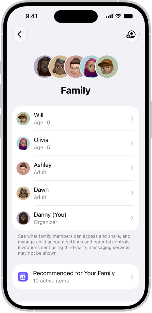The Family Sharing screen in Settings. Five family members are listed with recommendations for the family.