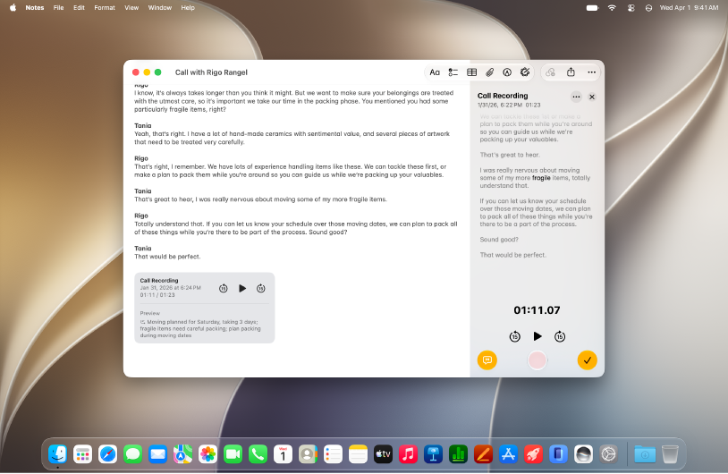 A Notes app window on Mac showing an audio recording in the note body. A live transcription of the audio recording is shown in the panel.