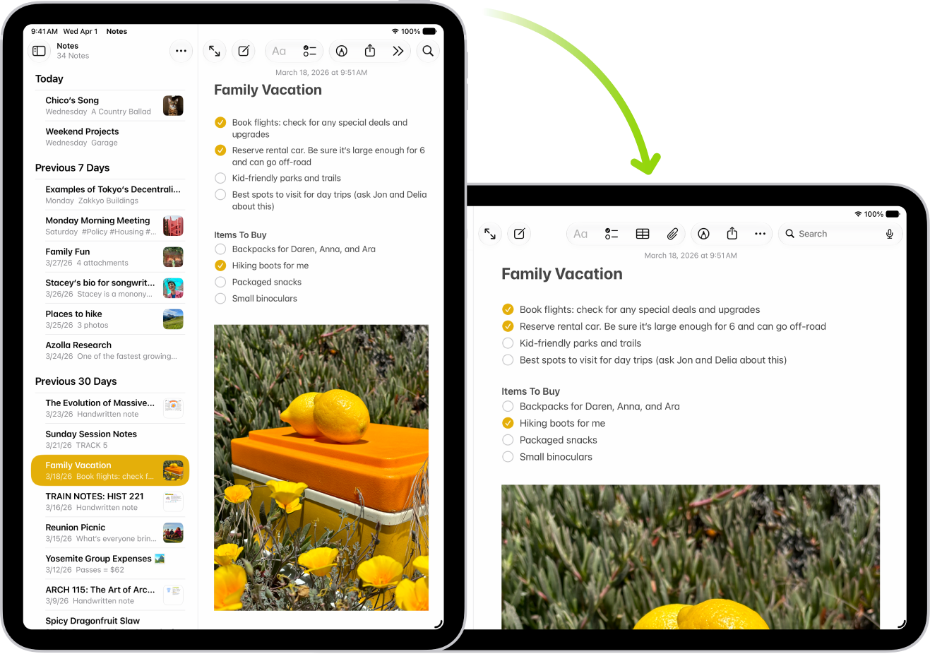 Im Hintergrund zeigt das iPad eine Notiz im Hochformat. Im Vordergrund wurde das iPad gedreht und zeigt die Notiz im Querformat.