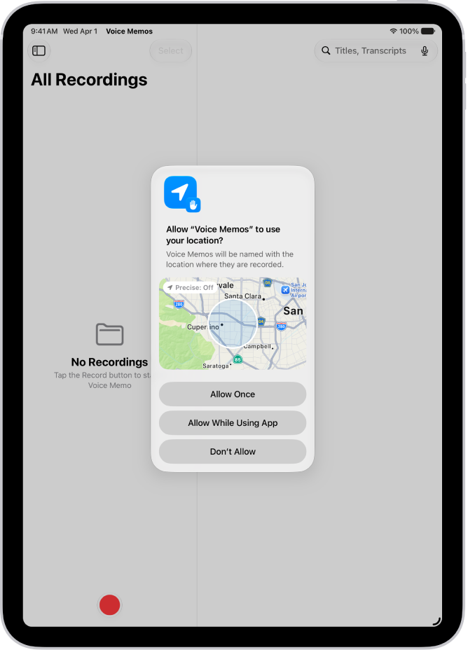 A request from an app to use location data on iPad. Options are Allow Once, Allow While Using App, and Don’t Allow.