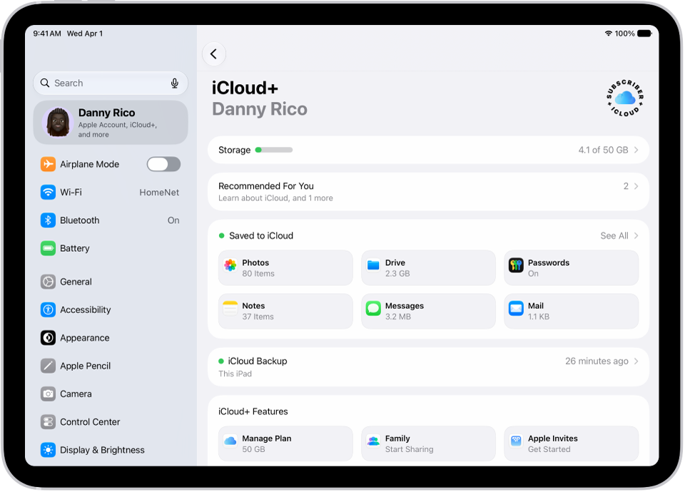 L’écran des réglages iCloud montrant l’indicateur d’espace de stockage d’iCloud et une liste d’apps et de fonctionnalités pouvant être utilisées avec iCloud, notamment Photos, iCloud&nbsp;Drive et Mail&nbsp;iCloud.