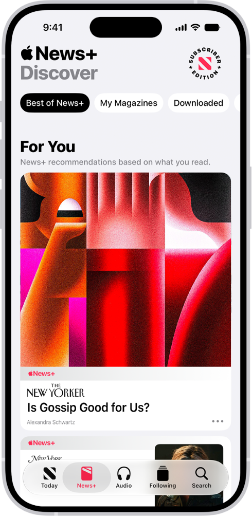 ข่าวในนิตยสารจาก Apple News+ ในแถบที่ด้านล่างสุด News+ ถูกเลือกอยู่